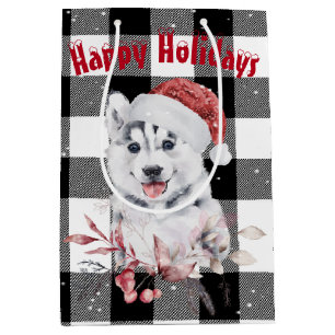 Christmas Husky On Buffalo Plaid  Medium Gift Bag