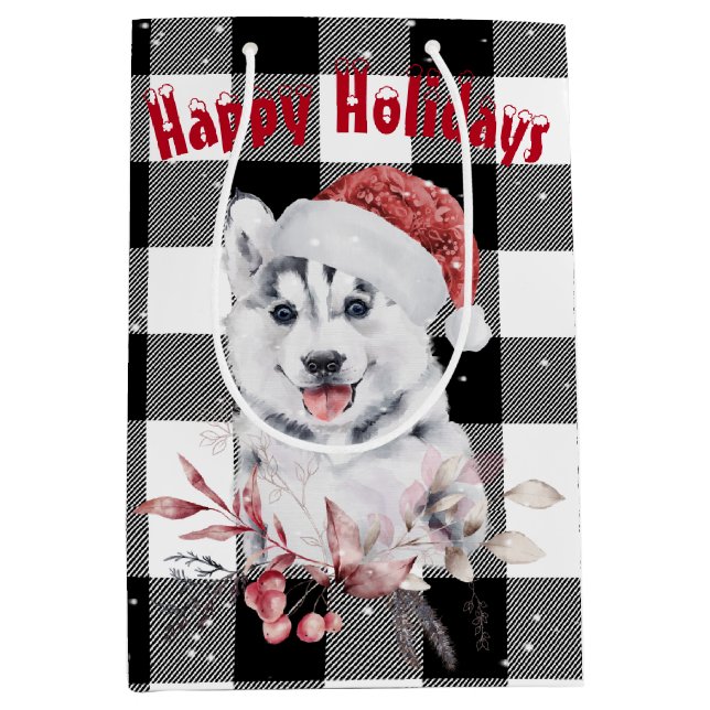 Christmas Husky On Buffalo Plaid  Medium Gift Bag (Front)