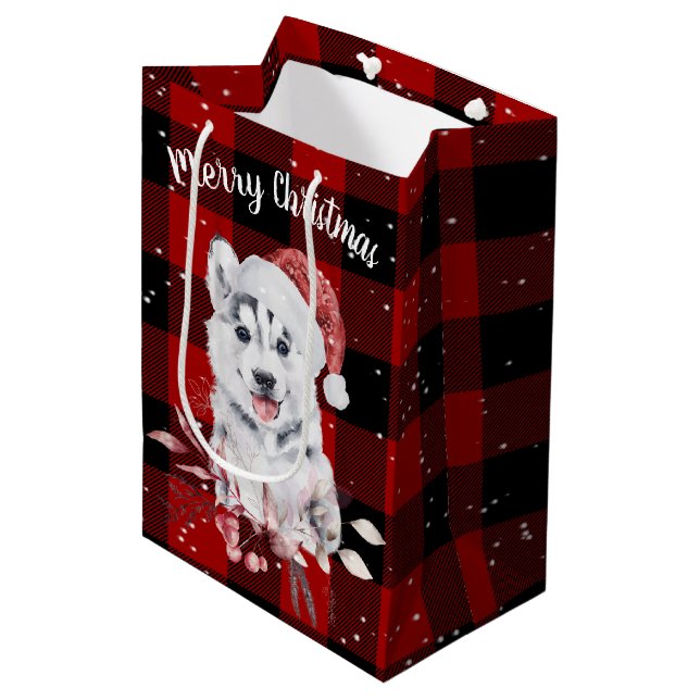 Christmas Husky On Buffalo Plaid  Medium Gift Bag (Front Angled)