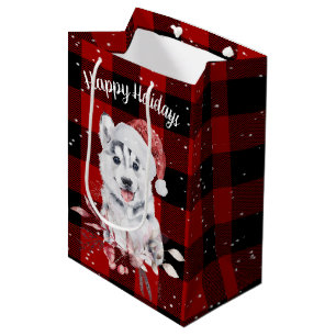 Christmas Husky On Buffalo Plaid Medium Gift Bag