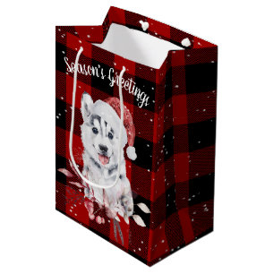 Christmas Husky On Buffalo Plaid Medium Gift Bag