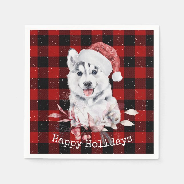 Christmas Husky On Buffalo Plaid Napkins (Front)