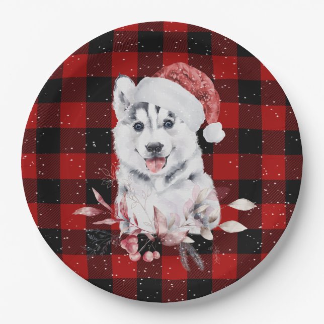 Christmas Husky On Buffalo Plaid  Paper Plate (Front)