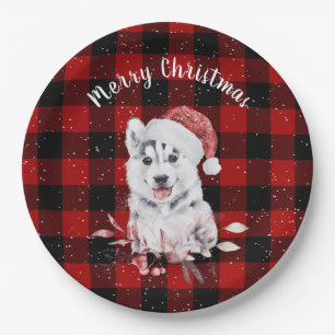 Christmas Husky On Buffalo Plaid  Paper Plate