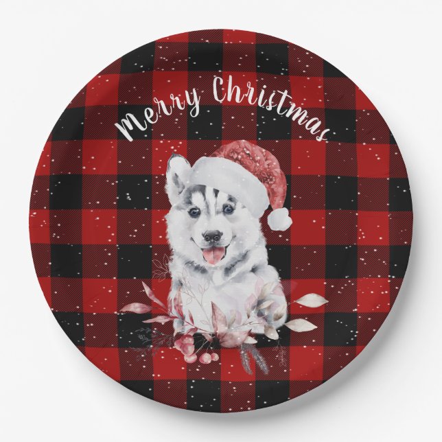 Christmas Husky On Buffalo Plaid  Paper Plate (Front)