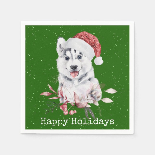 Christmas Husky On Green  Napkin (Front)