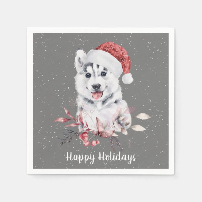 Christmas Husky On Grey Napkin (Front)