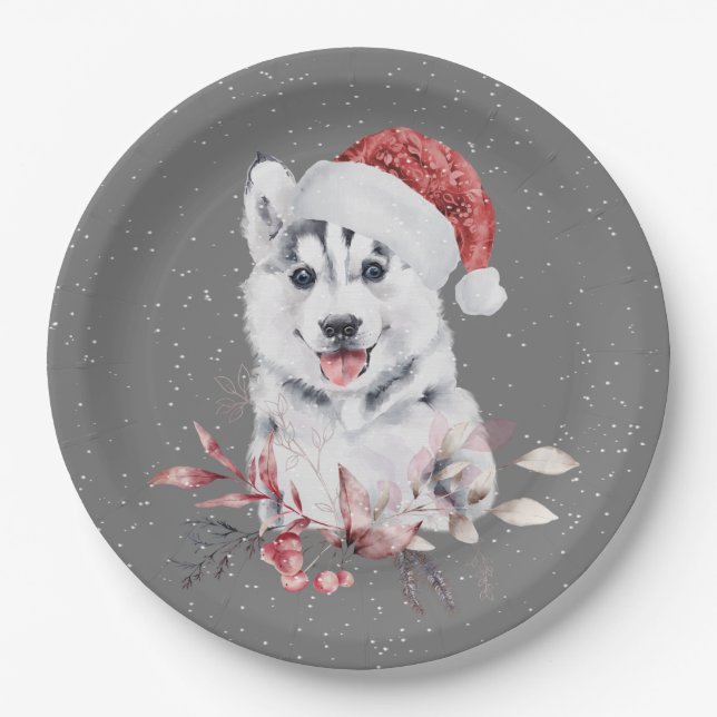 Christmas Husky On Grey  Paper Plate (Front)