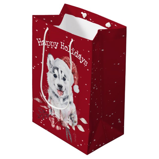 Christmas Husky On Red Medium Gift Bag (Front Angled)