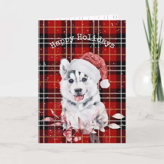 Christmas Husky On Tartan Plaid  Card (Front)