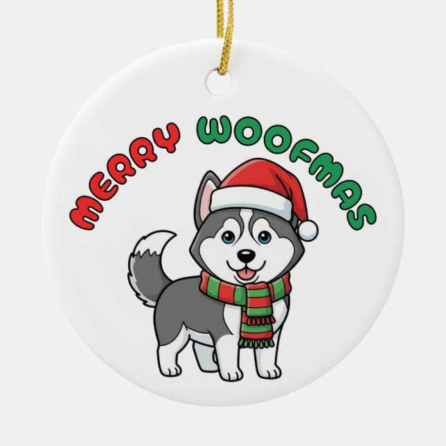 Christmas Husky Ornament: Merry Woofmas Ceramic Tree Decoration (Front)