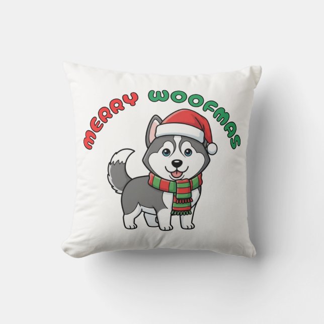 Christmas Husky Pillow: Merry Woofmas Cushion (Front)