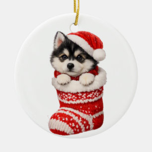Christmas Husky Puppy Ceramic Tree Decoration