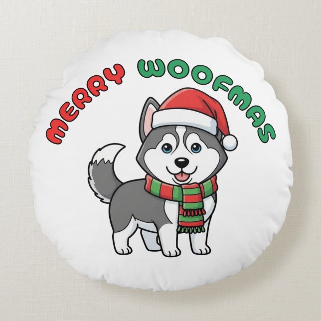 Christmas Husky Round Pillow: Merry Woofmas Round Cushion (Front)