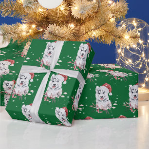 Christmas Husky With Santa Hat Wrapping Paper