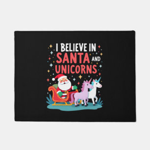 Christmas I Believe In Santa And Unicorns Funny Xm Doormat