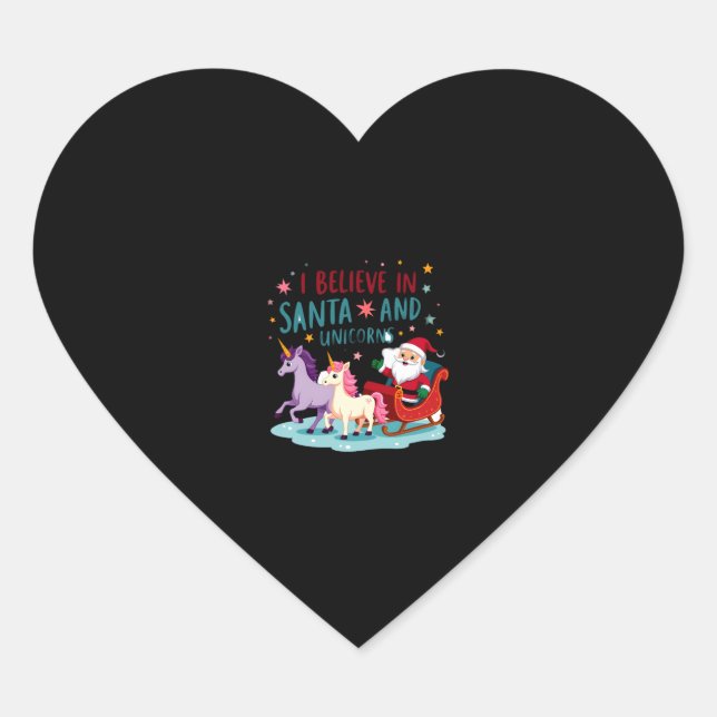 Christmas I Believe In Santa And Unicorns Funny Xm Heart Sticker (Front)