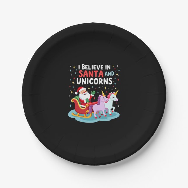 Christmas I Believe In Santa And Unicorns Funny Xm Paper Plate (Front)