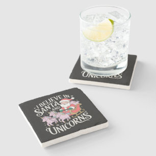Christmas I Believe In Santa And Unicorns Xmas Stone Coaster
