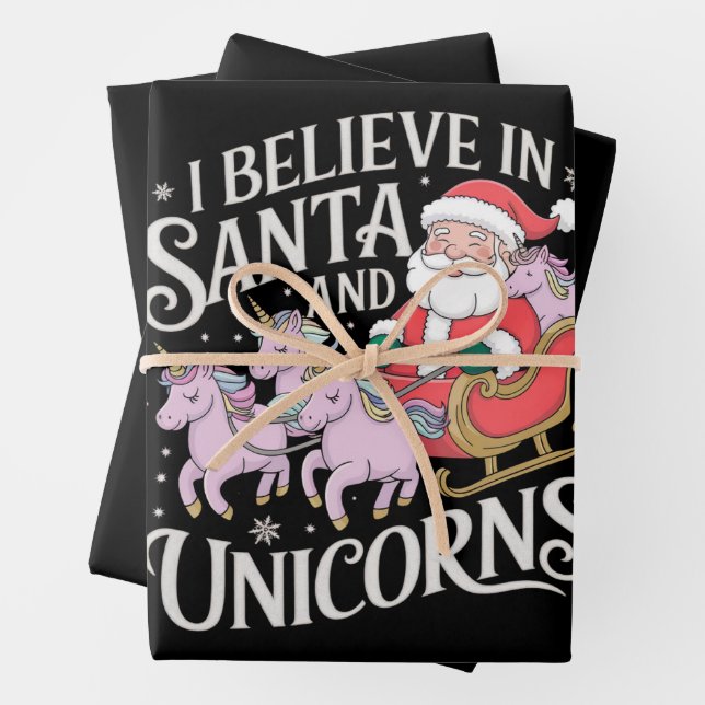 Christmas I Believe In Santa And Unicorns Xmas Wrapping Paper Sheet (In situ)