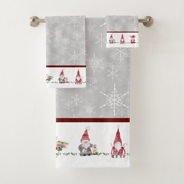 Christmas I Love Gnomes Scandinavian Red Grey Bath Towel Set (Insitu)