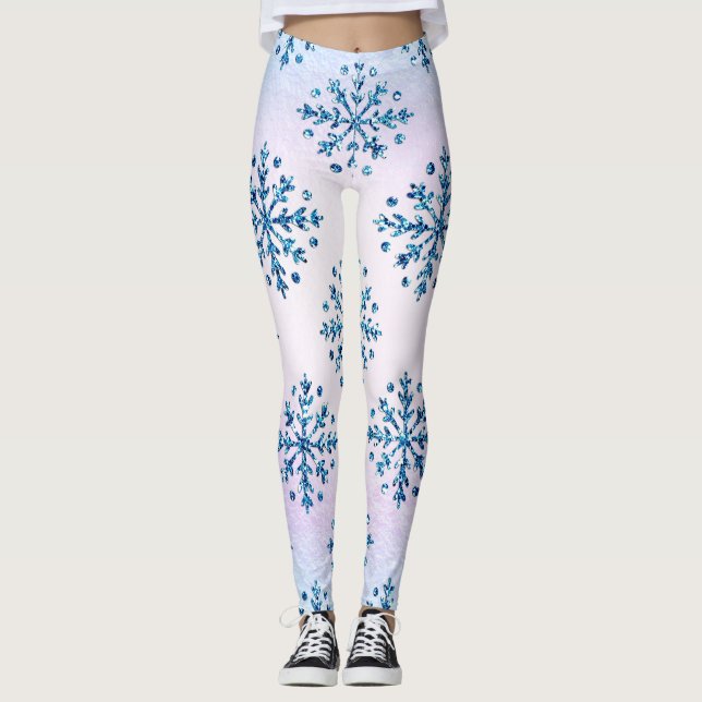 Christmas Ice Blue Snowflakes Iridescent Leggings (Front)
