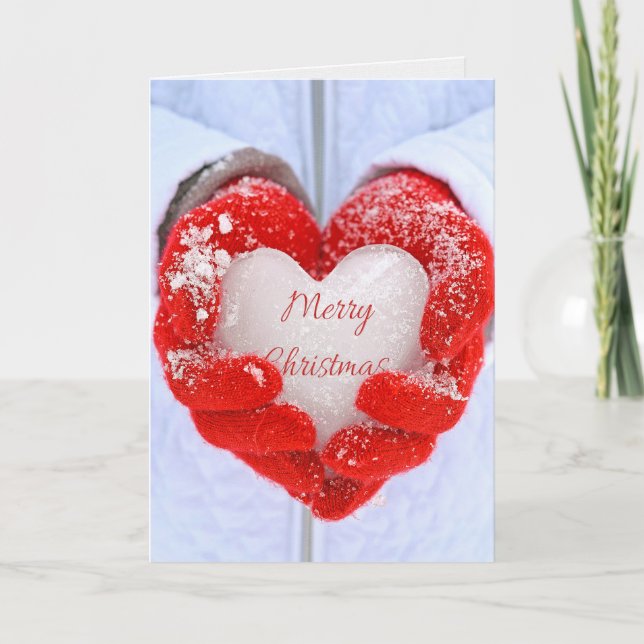 Christmas ice heart in red gloves holiday card (Front)