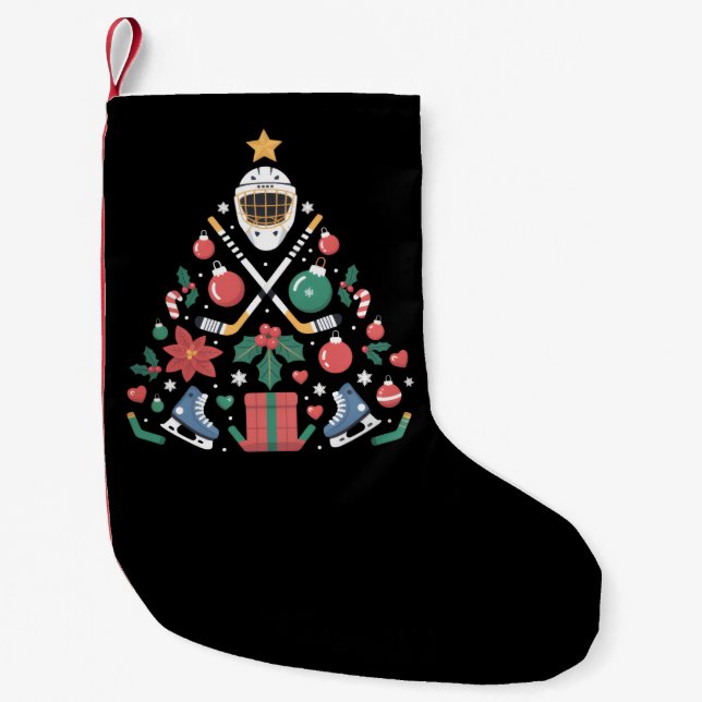 Christmas Ice Hockey Lover Tree Sports Team Small Christmas Stocking (Front)