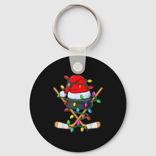 Christmas Ice Hockey Player Santa Hat Xmas Men Boy Key Ring (Front)