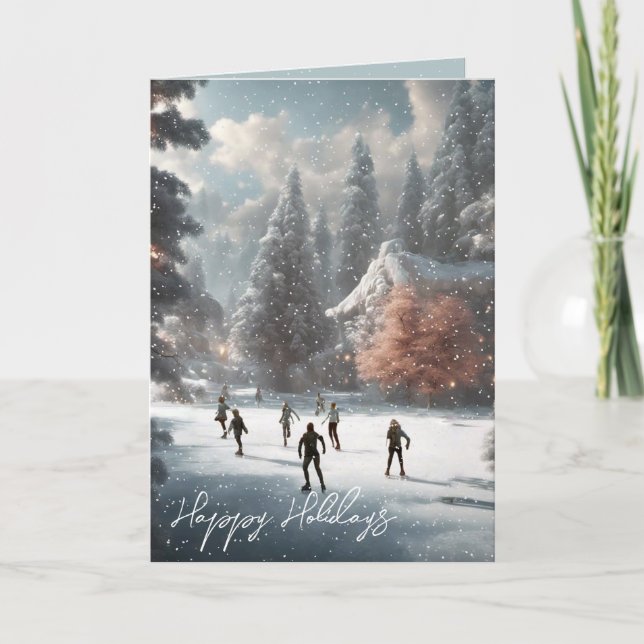 Christmas Ice Skaters On A Pond Holiday Card (Front)