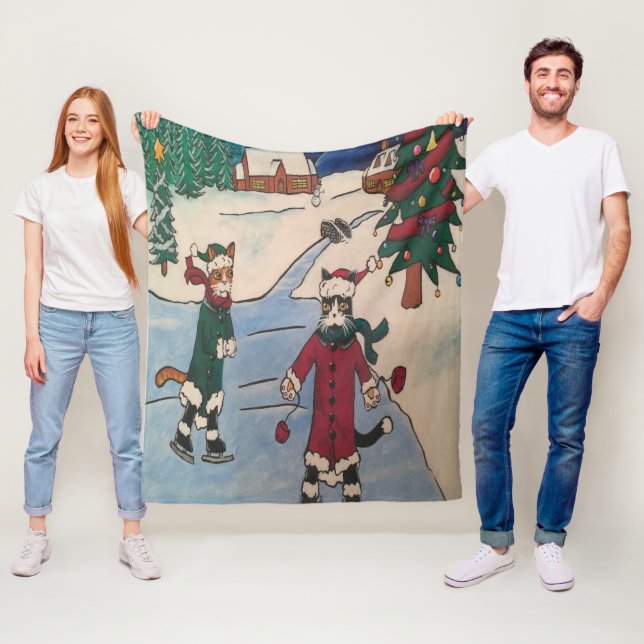 Christmas Ice Skating Cats Fleece Blanket (In Situ)