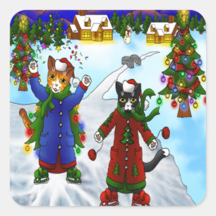 Christmas Ice Skating Cats V2 Square Sticker
