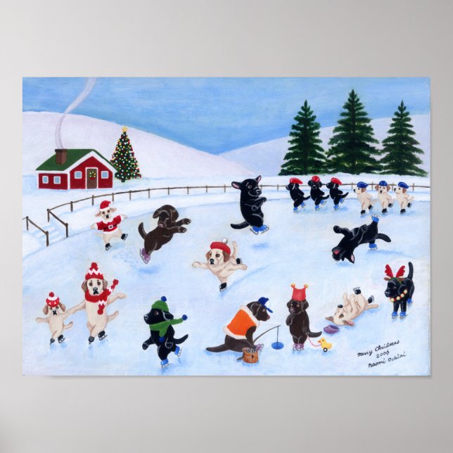 Christmas Ice Skating Labradors Artwork Poster (Front)