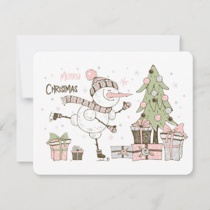 Christmas Ice Skating Snowman Presents Flat Card