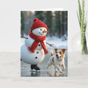 Christmas Ice Skating Snowman With Dog Holiday Card