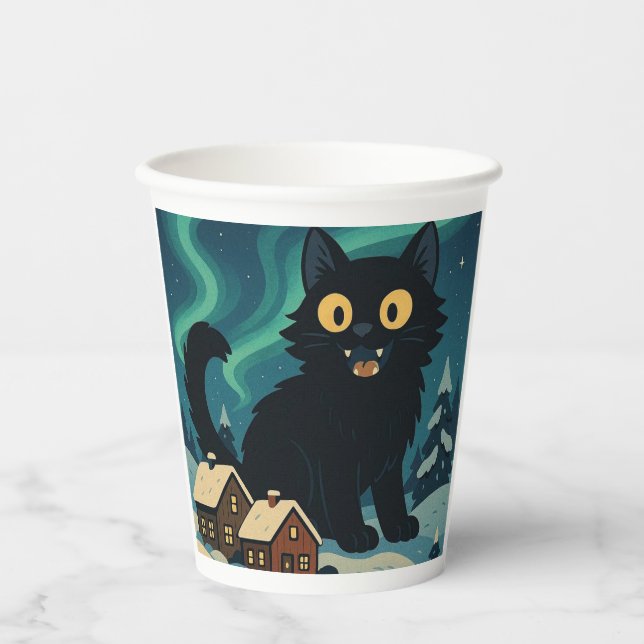 Christmas Icelandic Yule Cat with Northern Lights Paper Cups (Front)