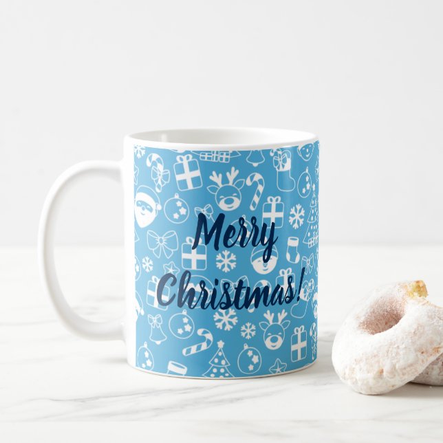 Christmas Icons Blue Santa Elf Snowman Festive Coffee Mug (With Donut)