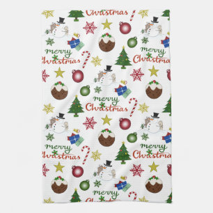Christmas Illustration Mix Pattern Tea Towel