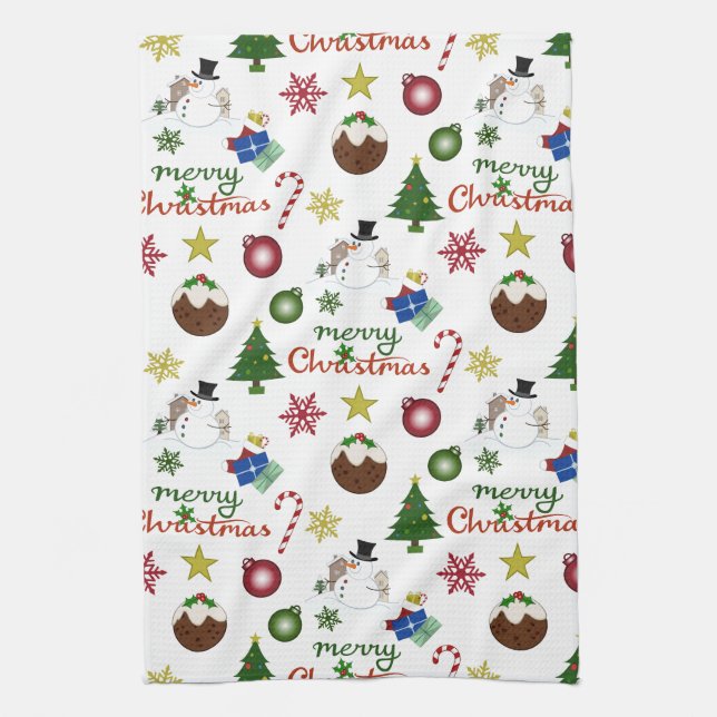 Christmas Illustration Mix Pattern Tea Towel (Vertical)