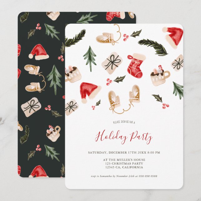 Christmas illustration watercolor holiday party invitation (Front/Back)