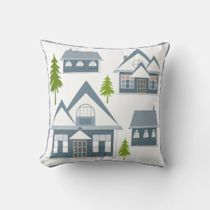 Christmas illustration winter houses trees grey wh cushion