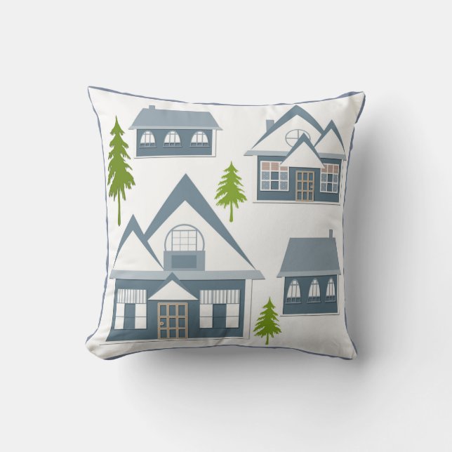 Christmas illustration winter houses trees grey wh cushion (Front)