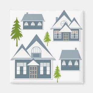 Christmas illustration winter houses trees grey wh magnet