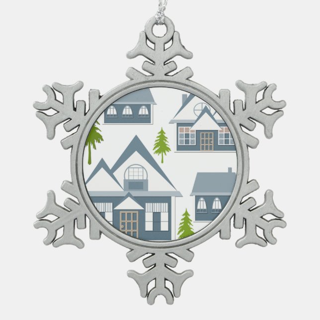 Christmas illustration winter houses trees grey wh snowflake pewter christmas ornament (Front)