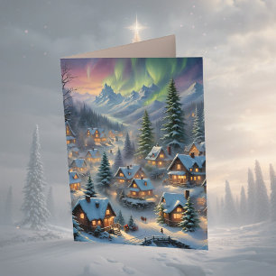 Christmas in a mountain village, polar lights, card
