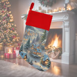 Christmas in a mountain village, polar lights  christmas stocking<br><div class="desc">This Christmas Stocking features a snow-covered village with brightly lit houses in the mountains,  surrounded by tall fir trees,  polar lights shining in the sky. Wonderful decor for your festively fireplace! Custom text.</div>