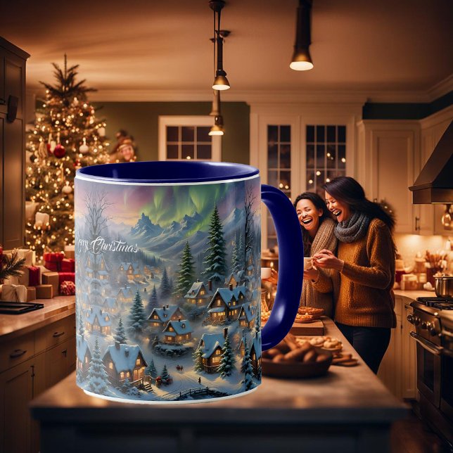 Christmas in a mountain village, polar lights  mug (Creator Uploaded)