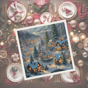 Christmas in a mountain village, polar lights napkin