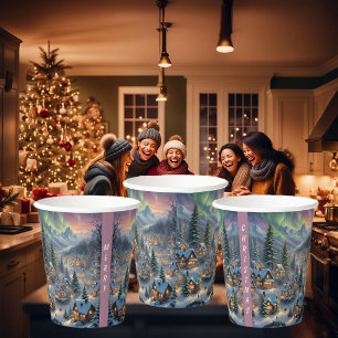 Christmas in a mountain village, polar lights paper cups