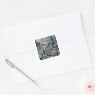 Christmas in a mountain village, polar lights square sticker